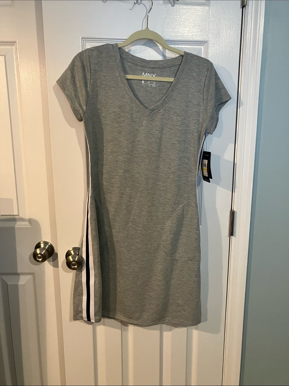 Marc New York Gray V-Neck Short Sleeve Dress with Side Sport Stripe and pockets